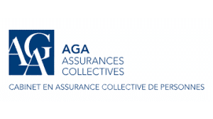 Logo de AGA Assurances Collectives avec du texte bleu sur fond blanc.